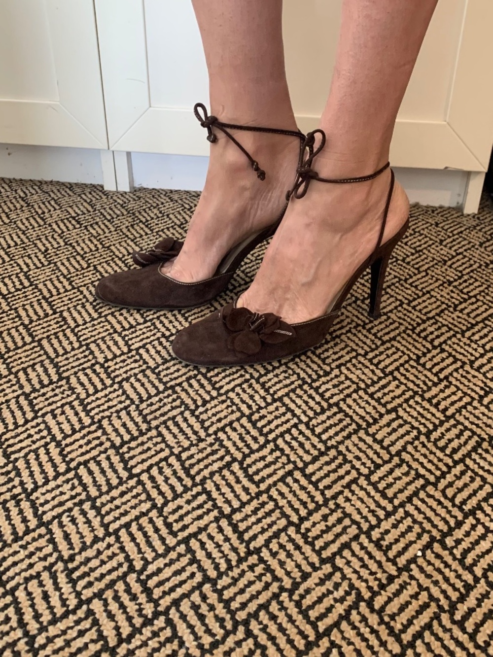 My favourite chocolate brown suede pumps w ankle tie straps (38/8)